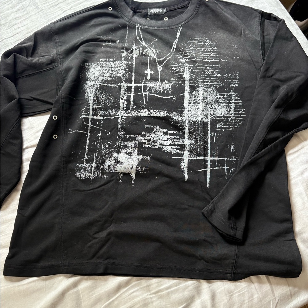 Persona Black Long Sleeve Tee with Abstract Graphic